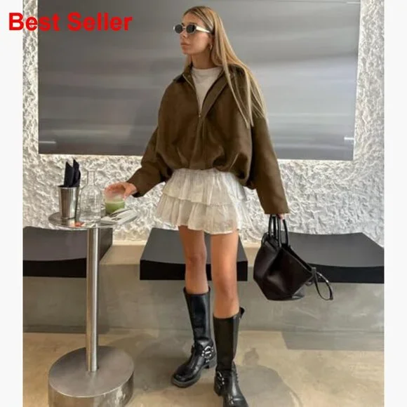 Faux Suede Bomber Jacket with Lapel Collar and Dolman Sleeves - Picture 6 of 7